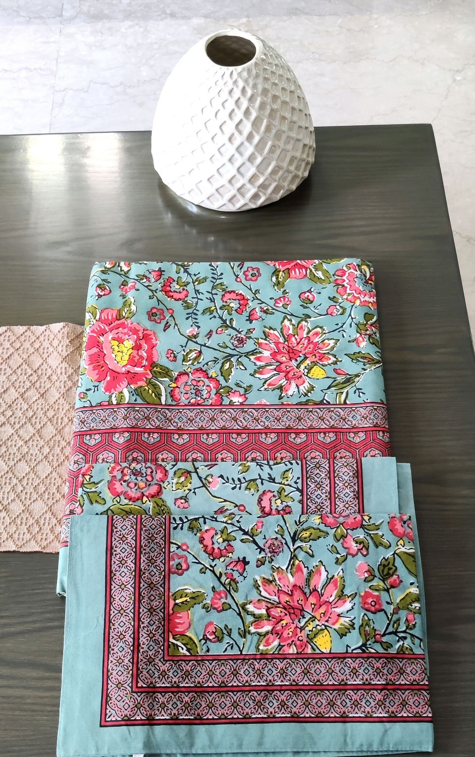 Green and Red Cotton Block Printed Bedcover - Super King