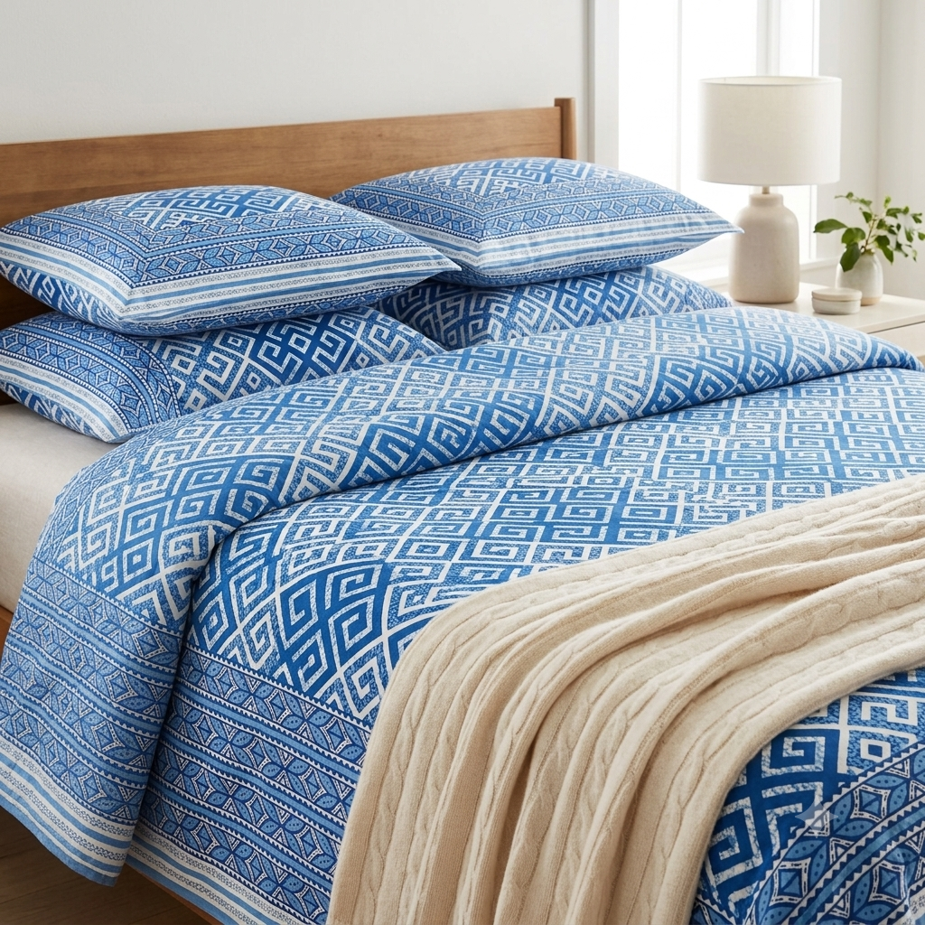 Blue geometric Hand block Printed Bedcover