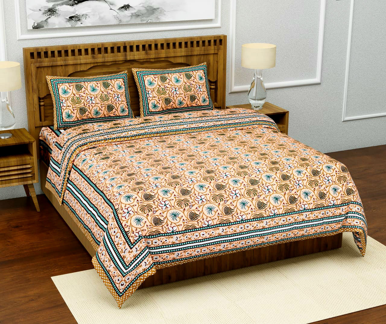 Peach Cotton Block Printed Jaal Bedcover