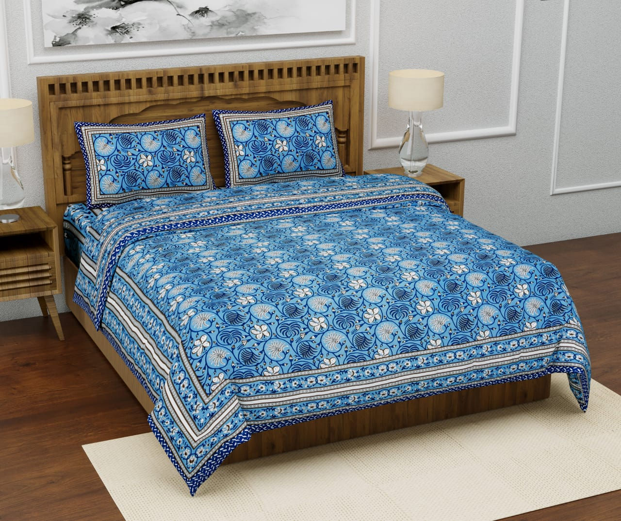 Blue Pure Cotton Block Printed Jaal Bedcover