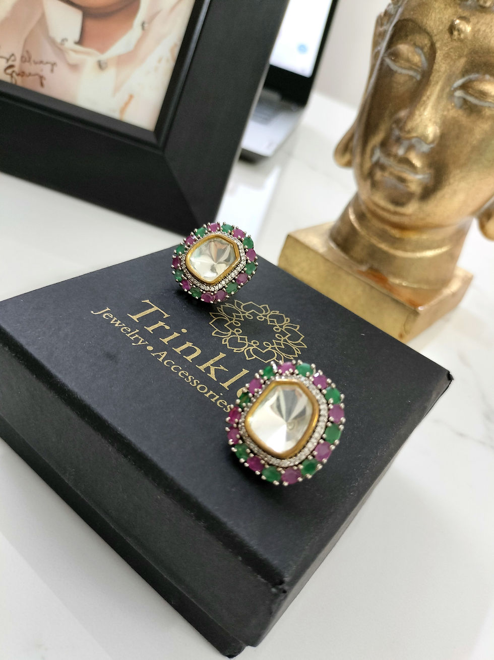 Thumbnail:  Polki Stud  Earrings - red and green 