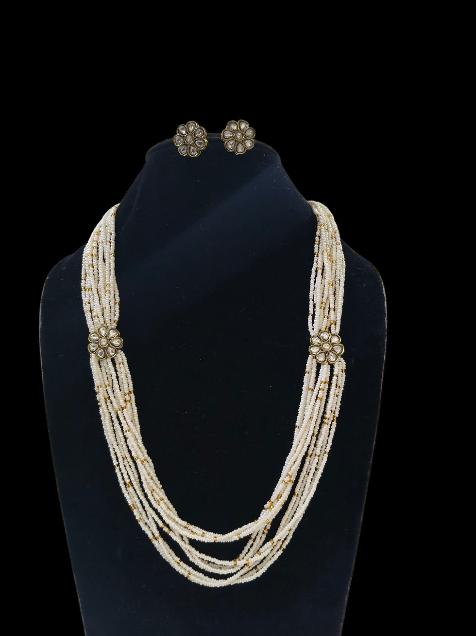 Thumbnail: Polki necklace set  with Earrings - pearls string 