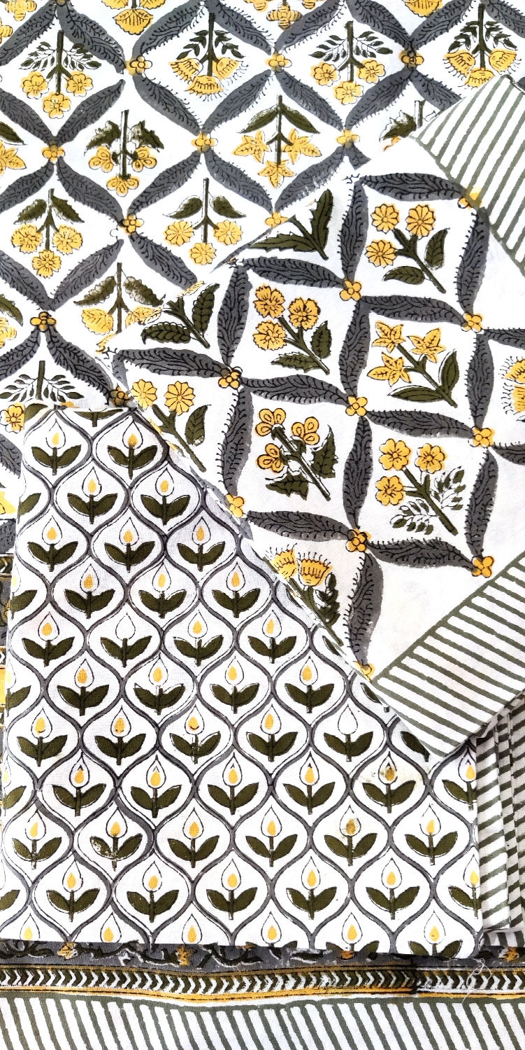 Yellow Premium Hand Block Black and White Printed Bedcovers