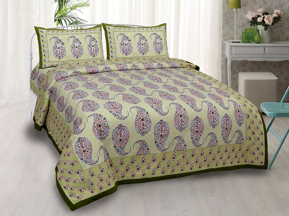 Light Green Umbi design Block Printed Bedcover