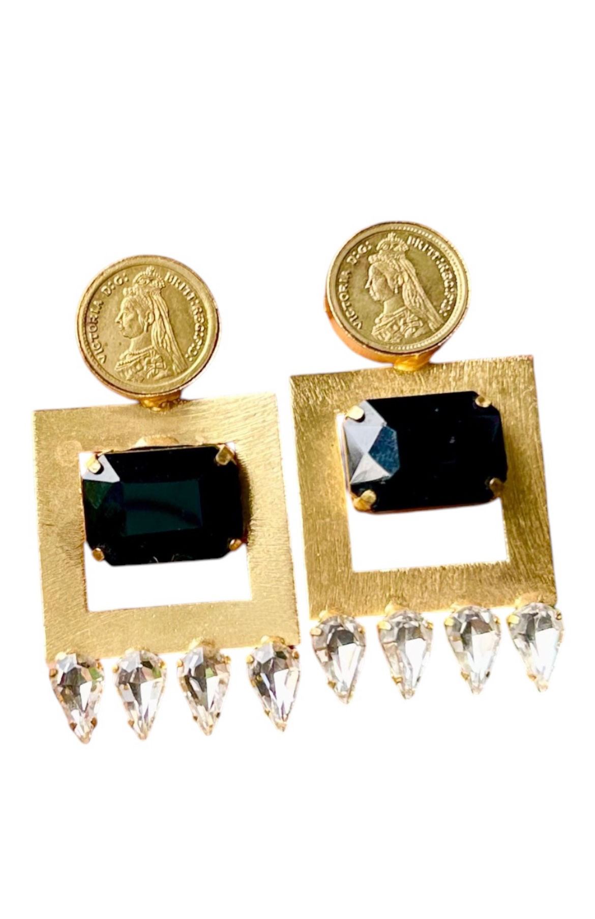 Gold coin earrings with black onyx stone - gold plated