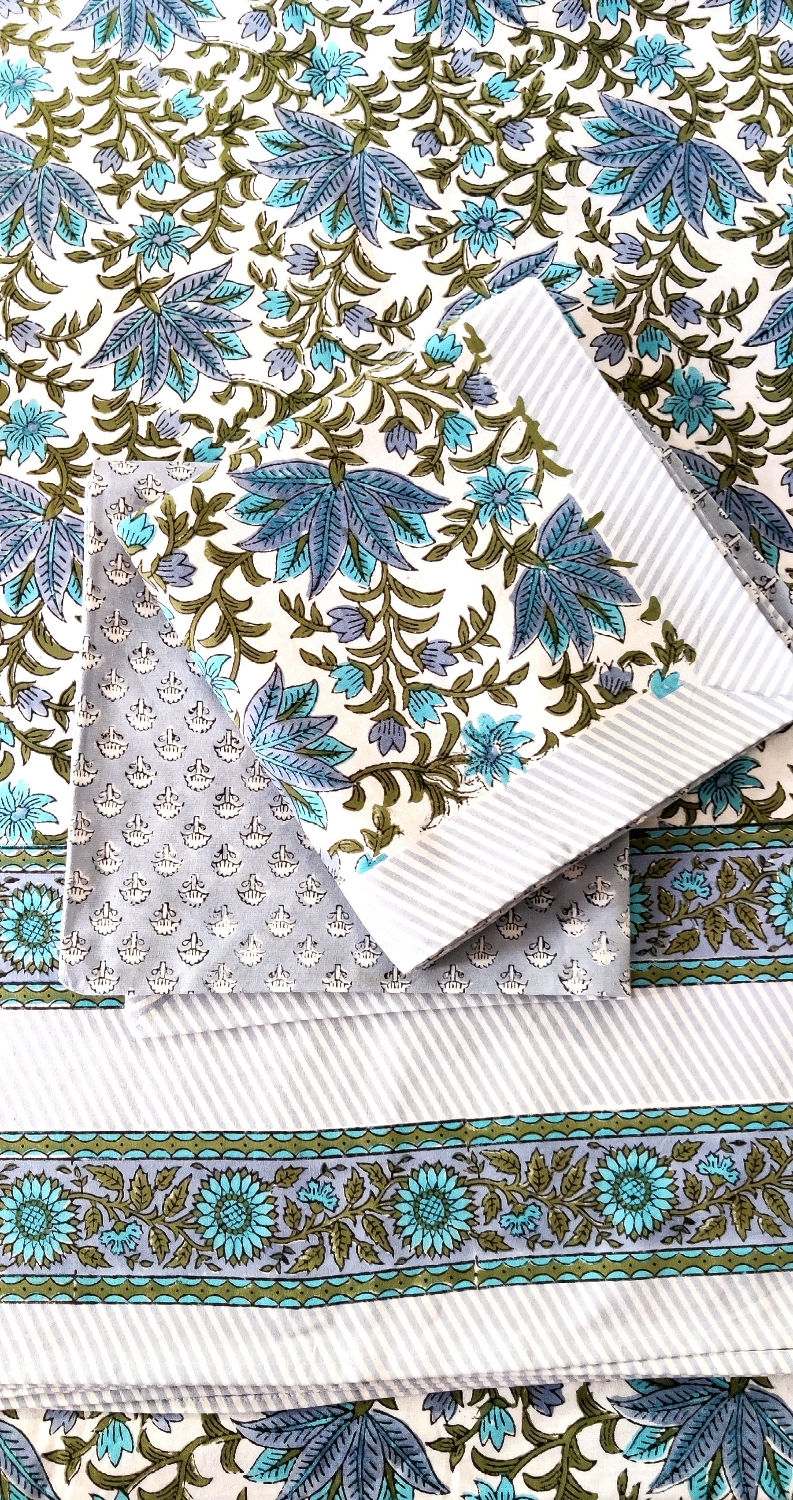 Blue Premium Hand Block Black and White Printed Bedcovers