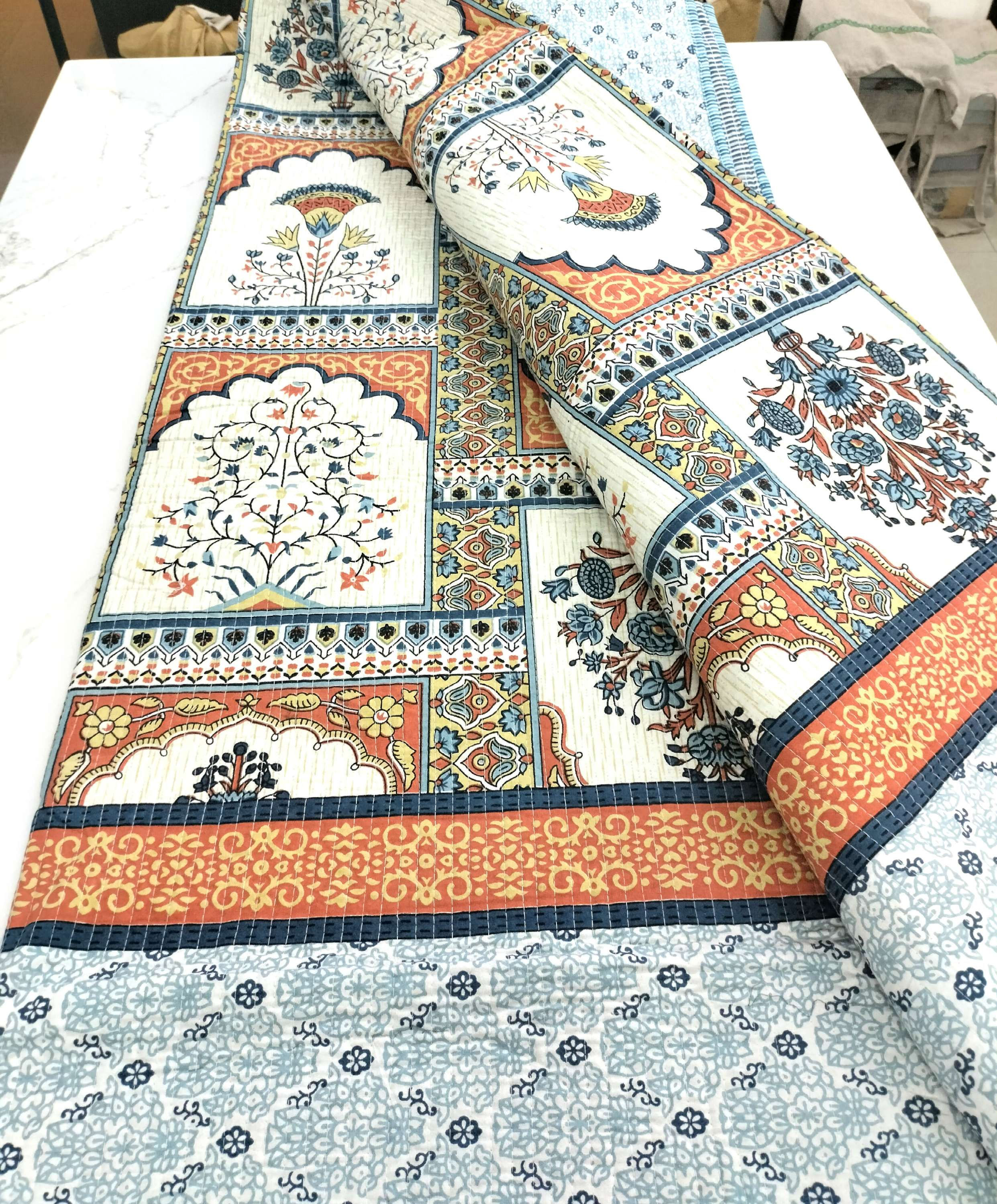 Block Printed Reversible Quilted Bedcover