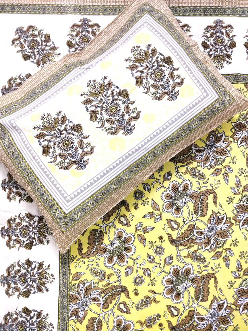 Yellow Cotton Block Printed Bedcover - Super King