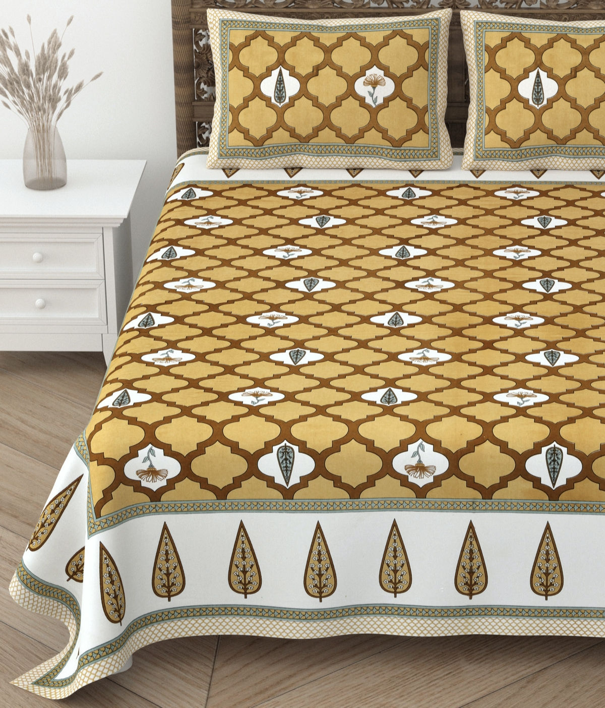 Yellow Jaal Block Printed Bedcover