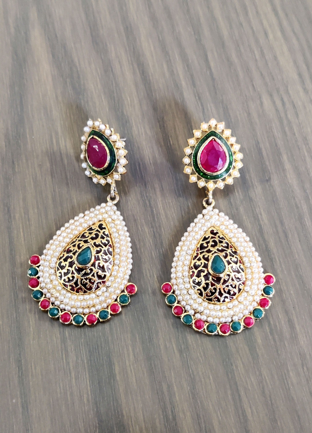 Classic Gold Jaali Earrings with emerald and ruby stone and pearls 