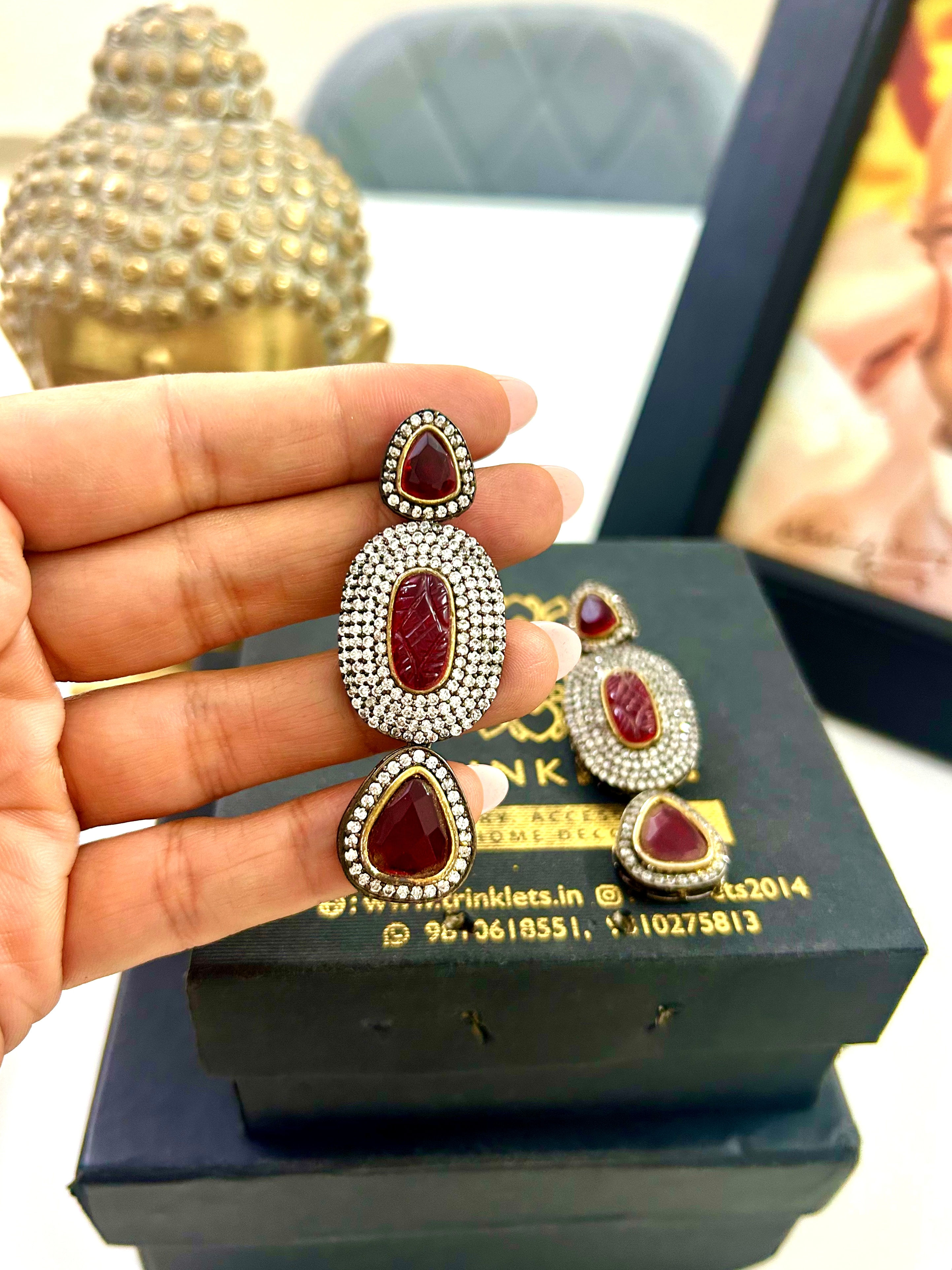 Ruby Stone Earrings - oxidised finish