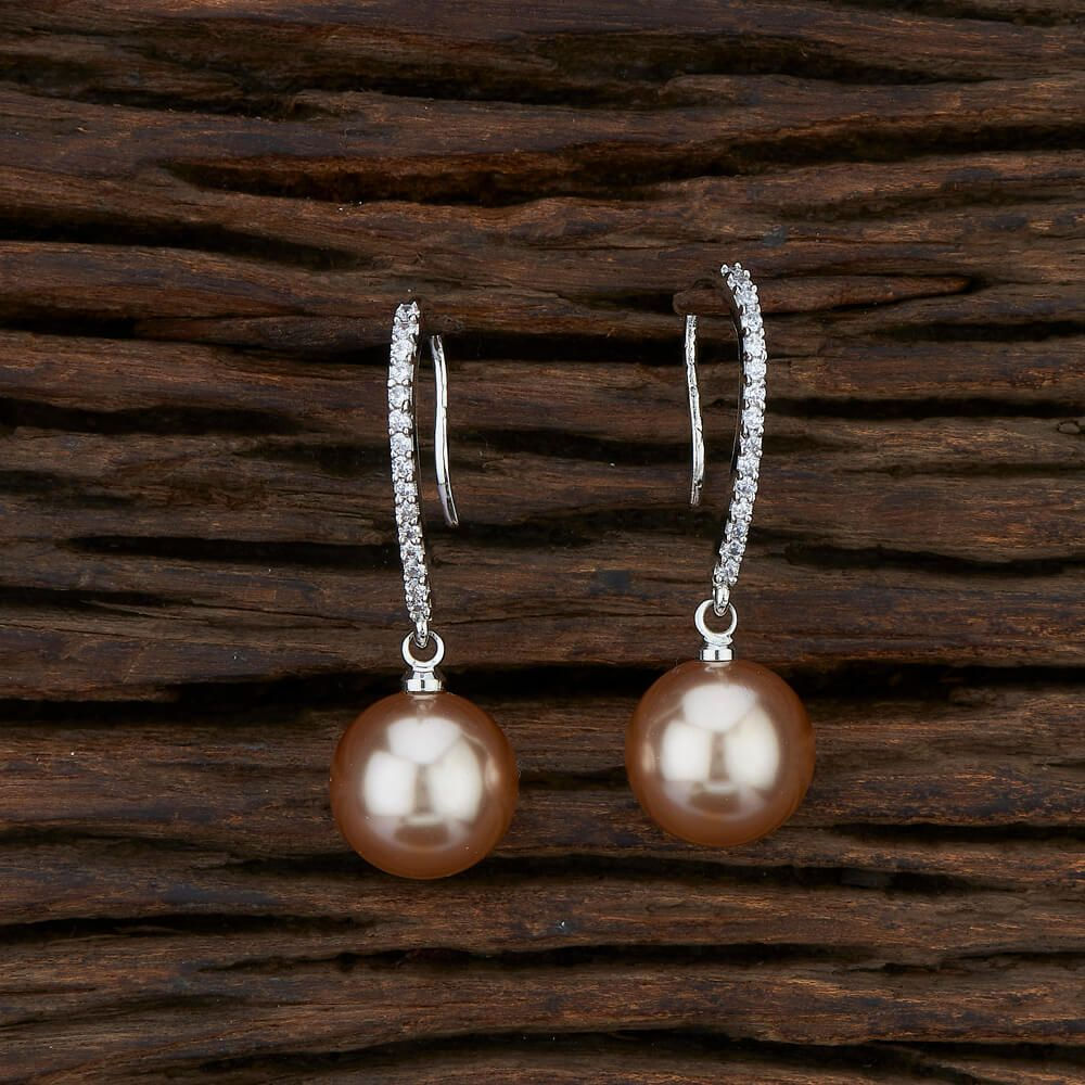 Gold Pearl Earrings with Diamonds - Rhodium Plating