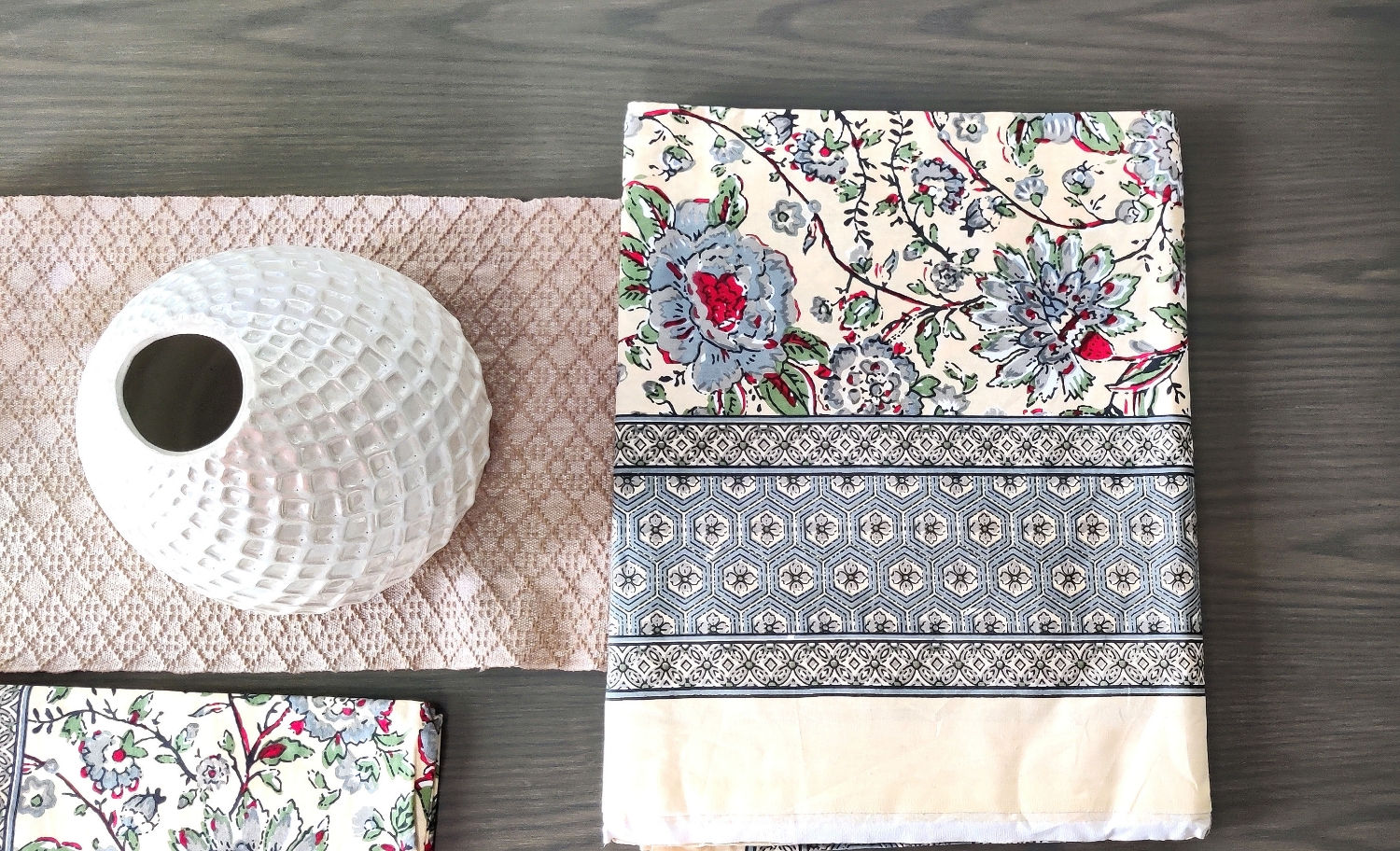 Cream Floral Print Cotton Block Printed Bedcover - Super King