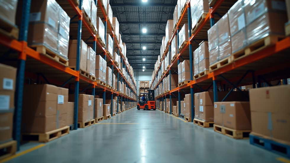 Eye-level view of a warehouse aisle with organized pallets and forklifts