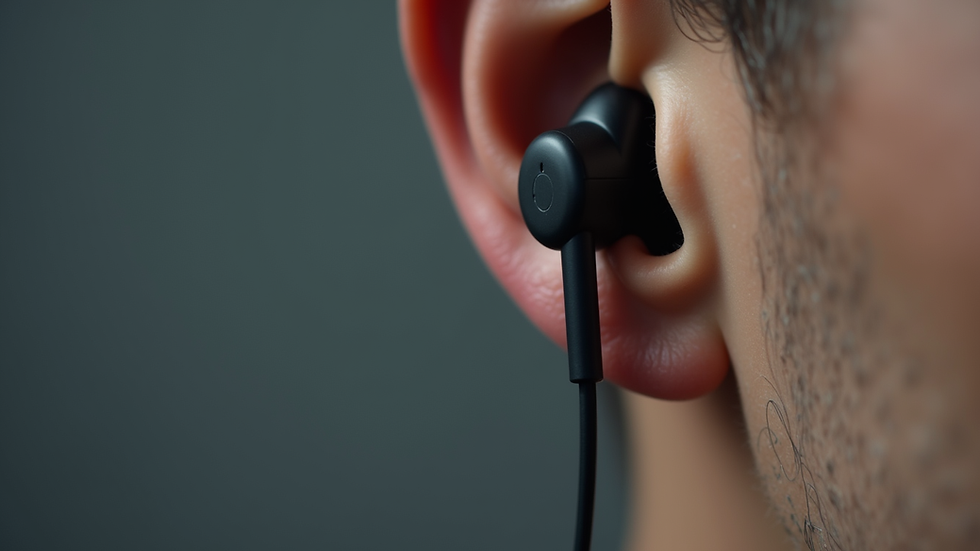 Close-up view of wireless earphone clip attached to earphone cable