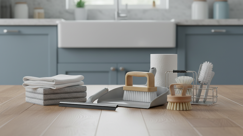 Close-up view of cleaning equipment and supplies ready for use