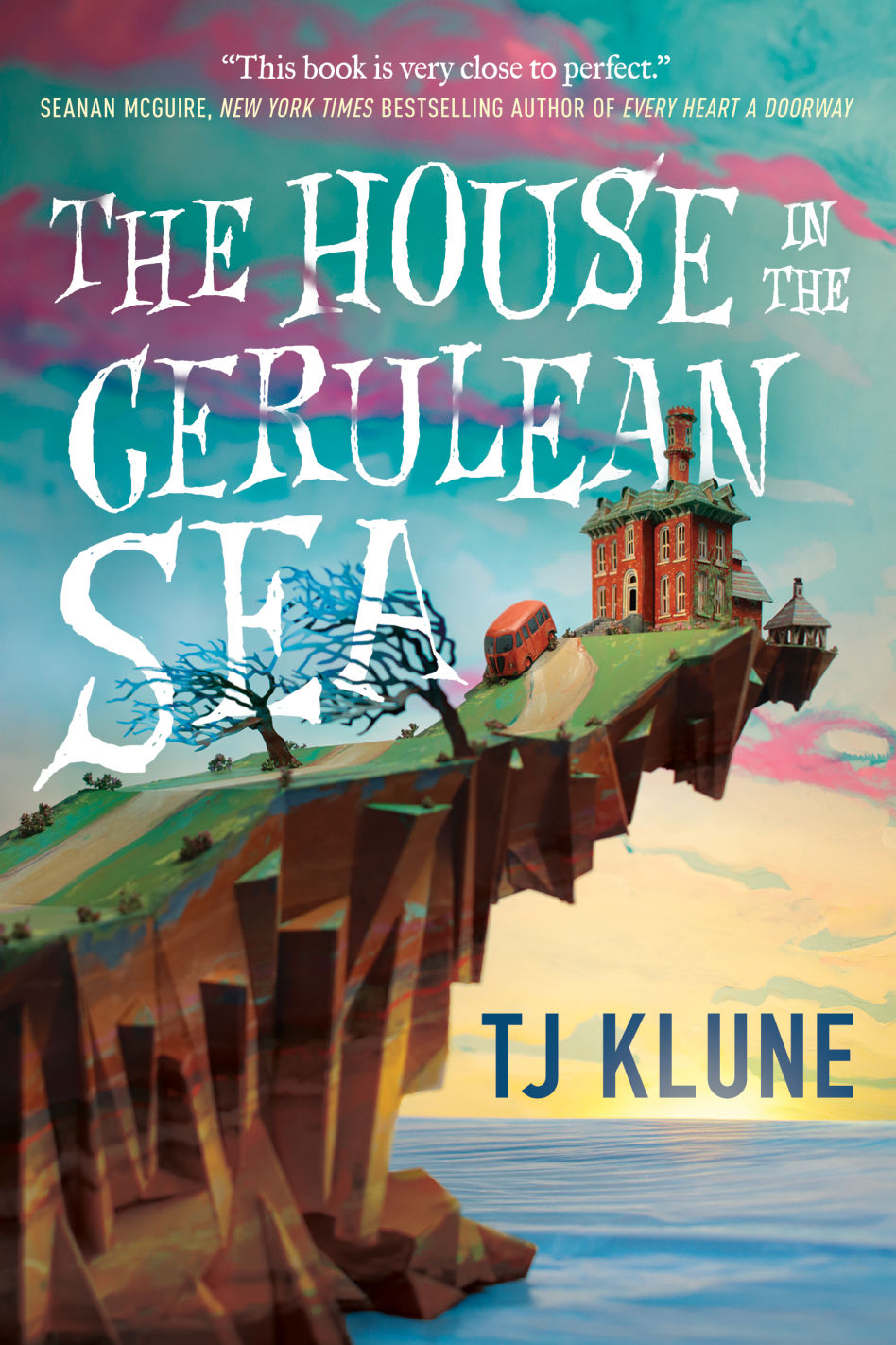 the book cover for the house in the cerulean sea by TJ Klune, featuring a mansion atop of rocky cliff overlooking the ocean