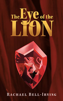 a book cover with a red velvet background, a ruby with a lion engraved in its centre and The Eye of the Lion in gold text