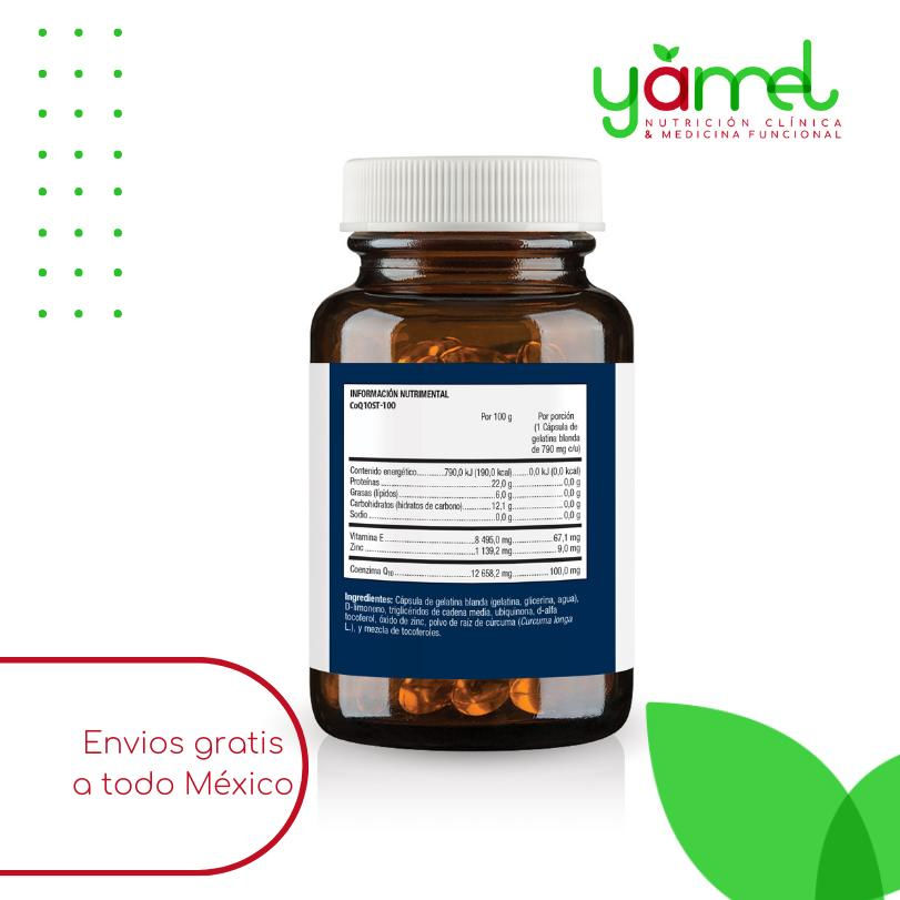 Miniatura: Parte de atrás del frasco de Metagenics CoQ10St-100 con etiqueta de la tabla nutrimental y contenido del producto. Incluye D-