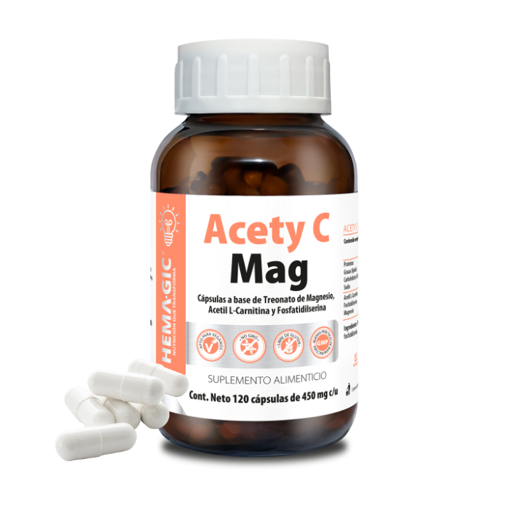Hemagic Acety Mag - Suplemento para memoria y concentración con magnesio treonato y acetil L-carnitina en cápsulas veganas