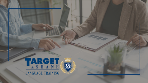 Analiza danych podczas spotkania, logo Target & Shane Language Training.