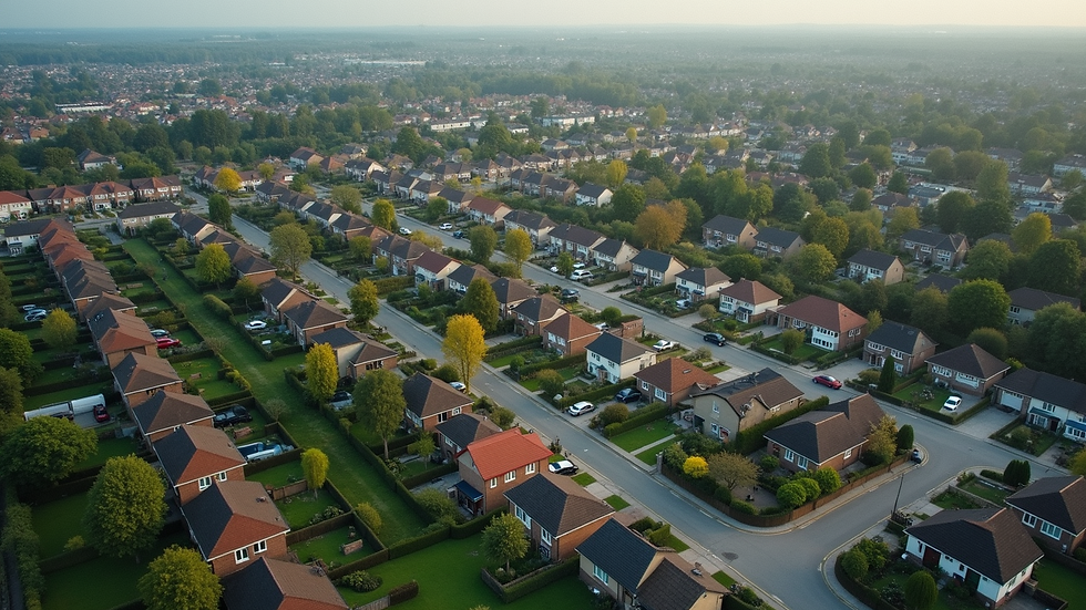High angle view of a residential neighborhood with houses and green areas