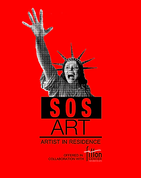 SOS Art logo featuring a woman dressed as the Roman goddess Liberty with hand outstretched and screaming.