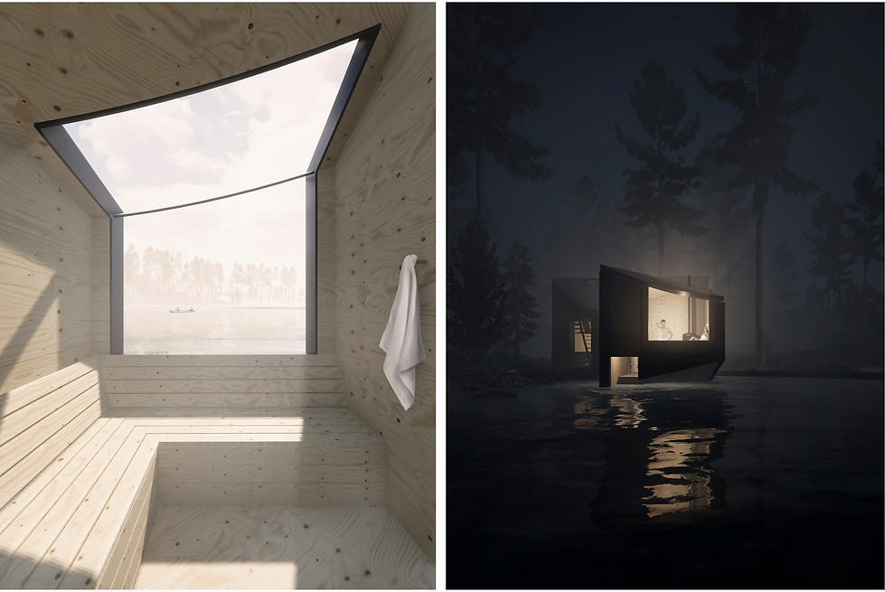 The sauna at the remote Pine House. Timber pre fabricated construction.