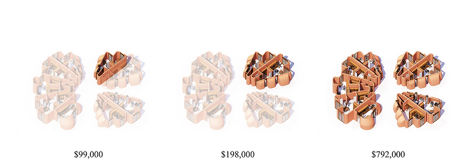 House affordability diagram for 3D concrete printed community for ICON Initiative99 competition.