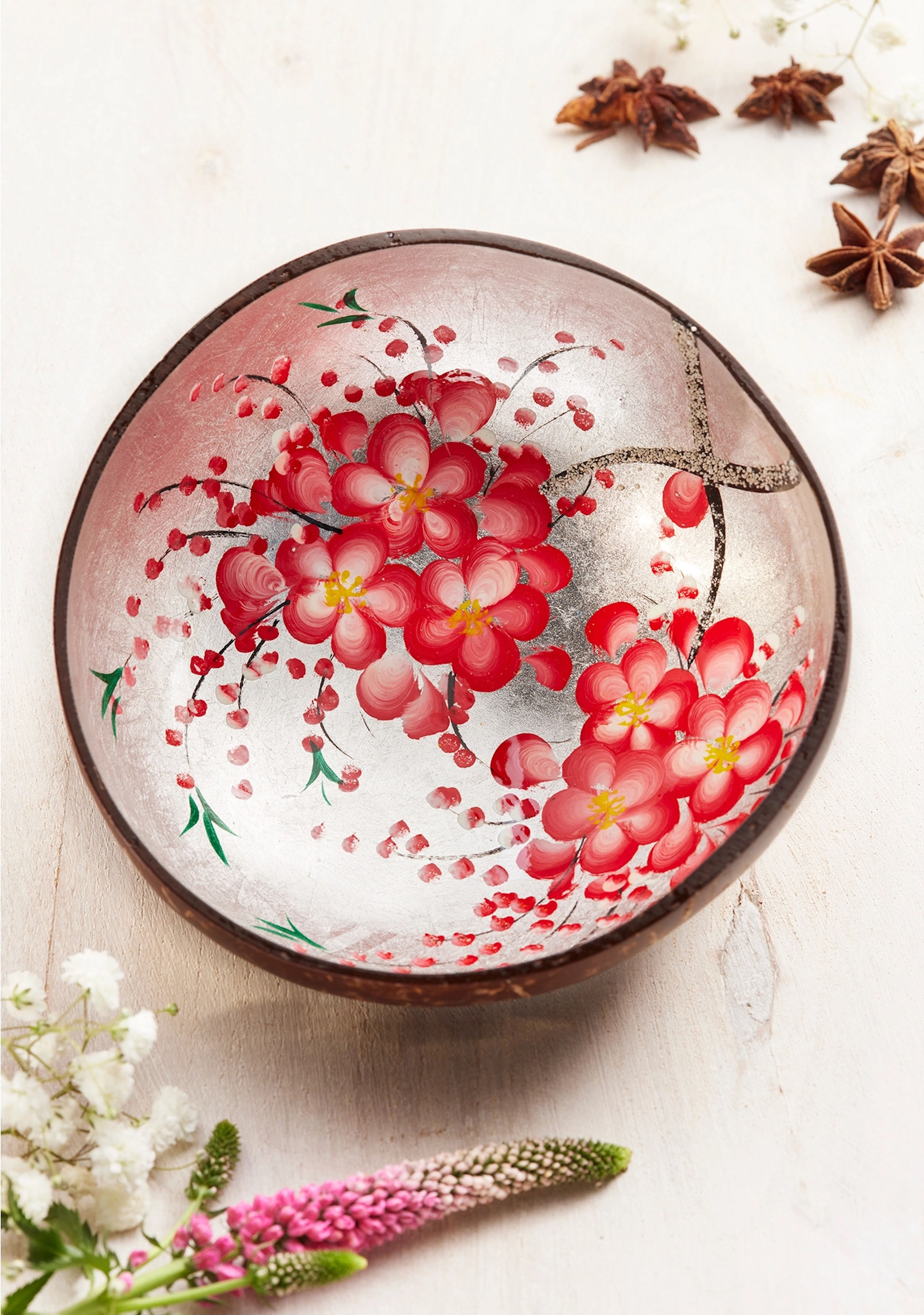 Namaste Coconut Bowl with Flowers Silver