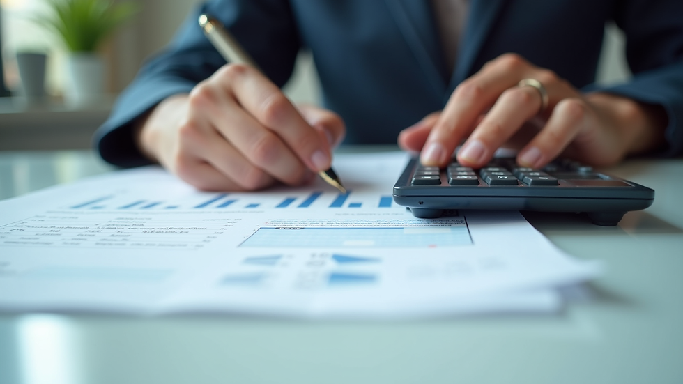 Close-up de documento financeiro e calculadora sobre mesa de escritório