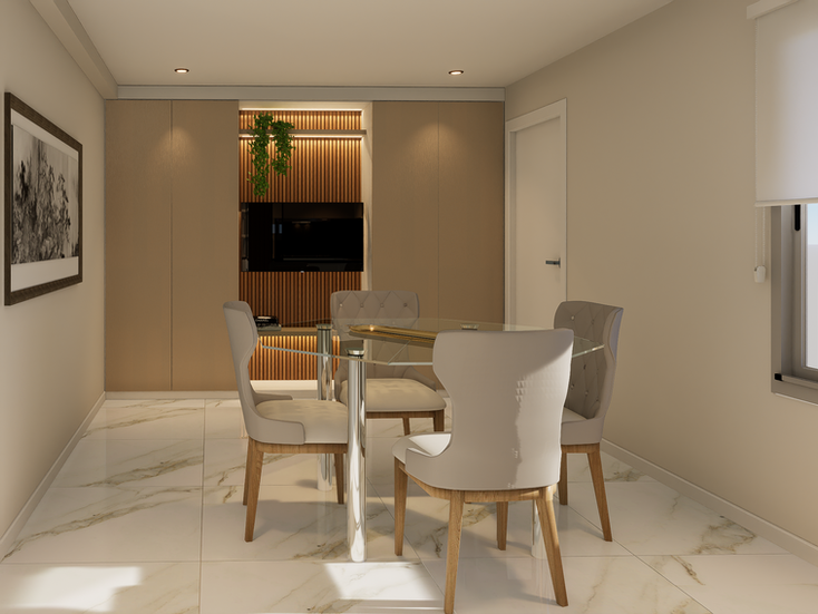 Comedor moderno con tv empotrada en muebles. Mesa con cuatro sillas.