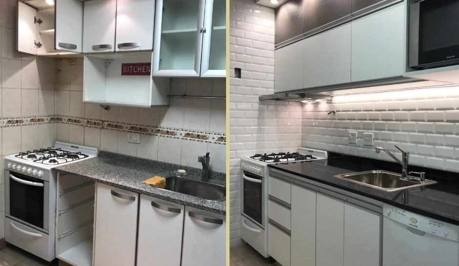 Remodelación cocina: Antes y Después, modernos mobiliarios a medida color blanco. Nuevo revestimiento en paredes y salpicadero.