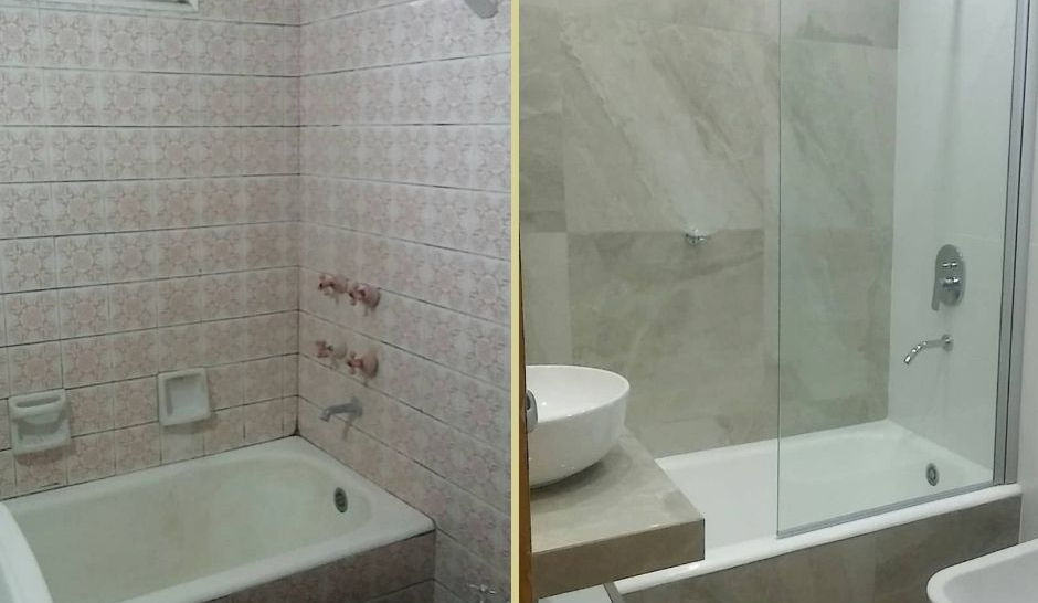 Reforma de baño: Antes y Después. Baño renovado con ducha, sanitarios y elementos modernos