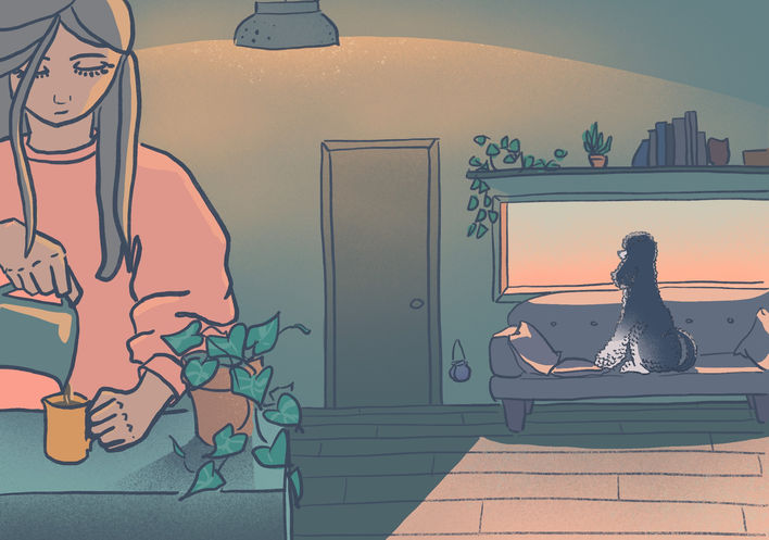 It's morning. Gabby sits on the couch looking out at the lake, as her owner pours herself a coffee.