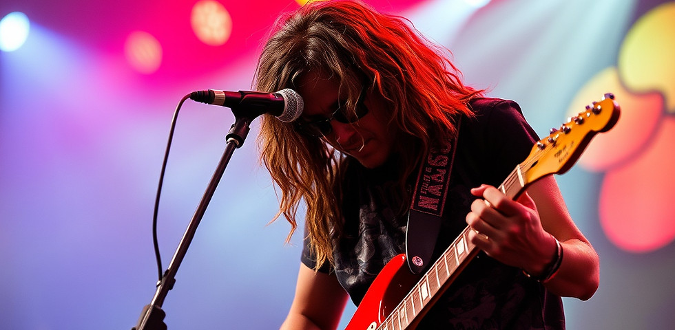 Uma artista tocando uma guitarra em um show de rock.jpg