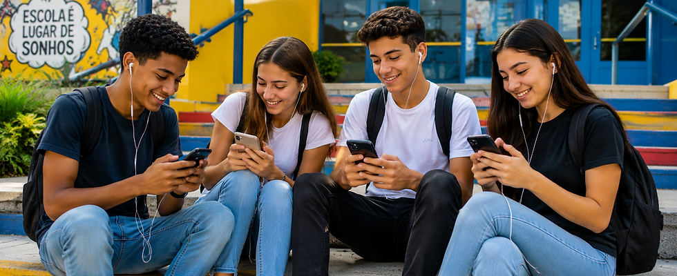 Foto alunos olhando celulares na escola em uma escadaria..png