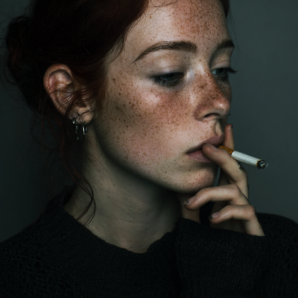 Prematurely aged skin with wrinkles and dull tone, holding a lit cigarette—highlighting smoking’s damaging effects on skin health.