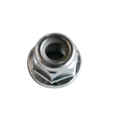 Dado M8 autofrenante flangiato alto in acciaio, vista laterale ravvicinata.