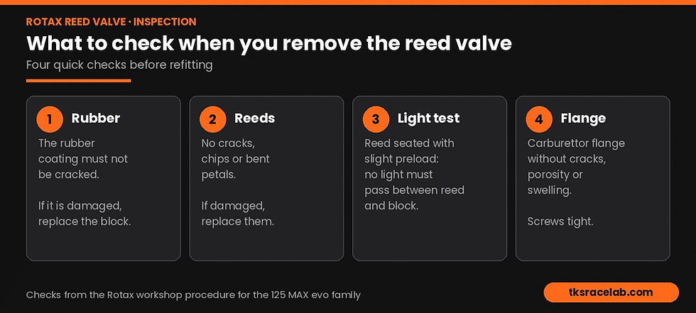 TKS RaceLab diagram of the four Rotax reed valve checks: rubber, reeds, light test and flange