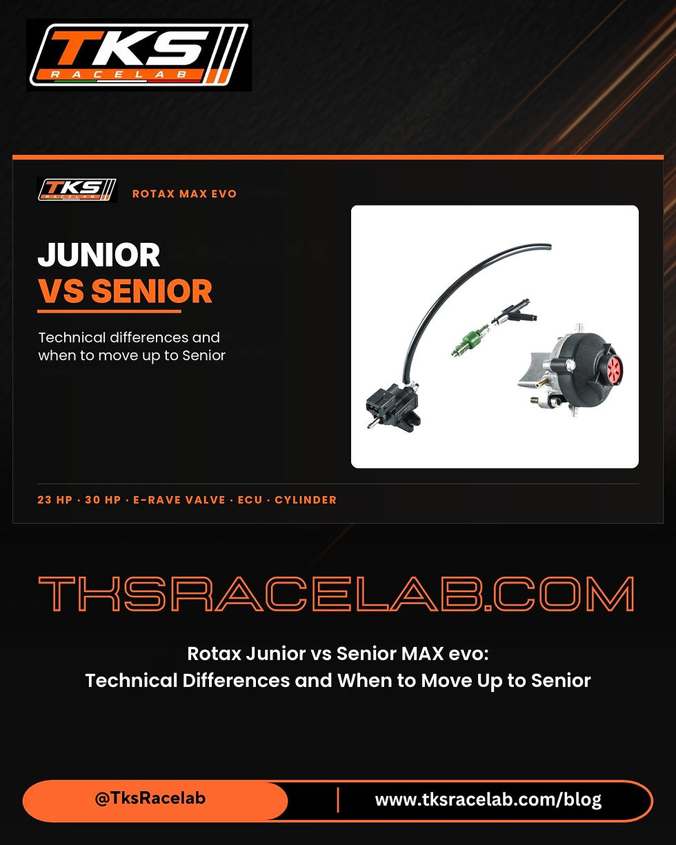 TKS RaceLab cover: Rotax Junior vs Senior MAX evo, with the E-RAVE exhaust valve and the pneumatic system of the Senior