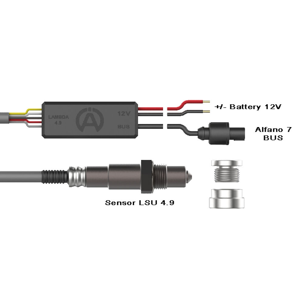 Pack Alfano A2502: sonda Lambda LSU 4.9, controller con cavi batteria 12V e BUS Alfano 7, dado di installazione
