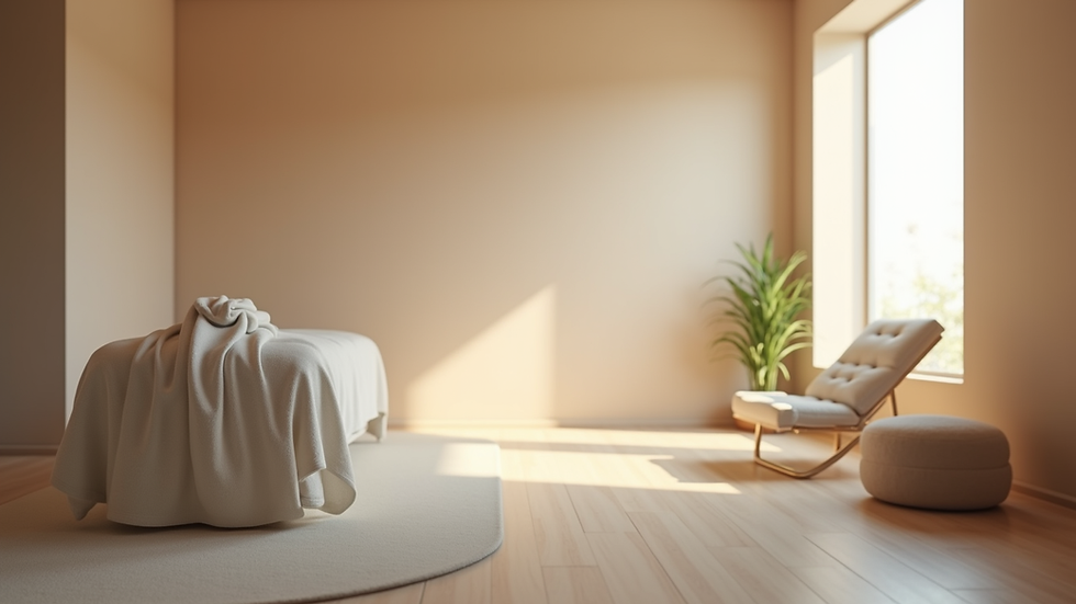 Eye-level view of a calm therapy room with soft lighting