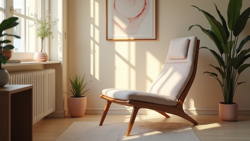Eye-level view of a cozy therapy room with a comfortable chair and soft lighting