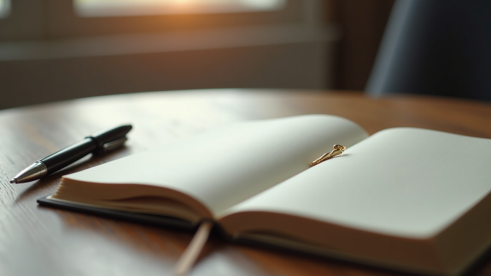 Close-up view of a journal and pen on a wooden table, symbolizing reflection and healing