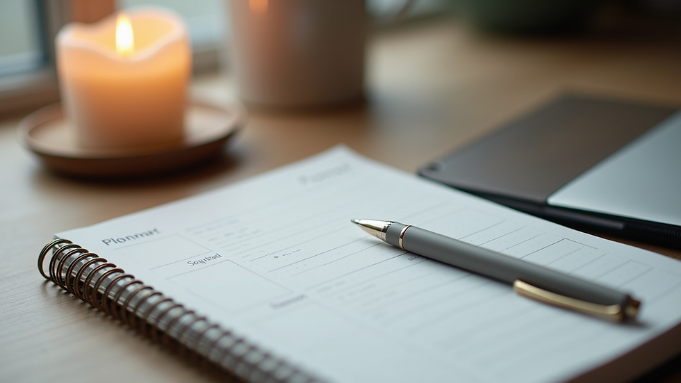 Close-up view of a desk with a planner, pen, and calming candle