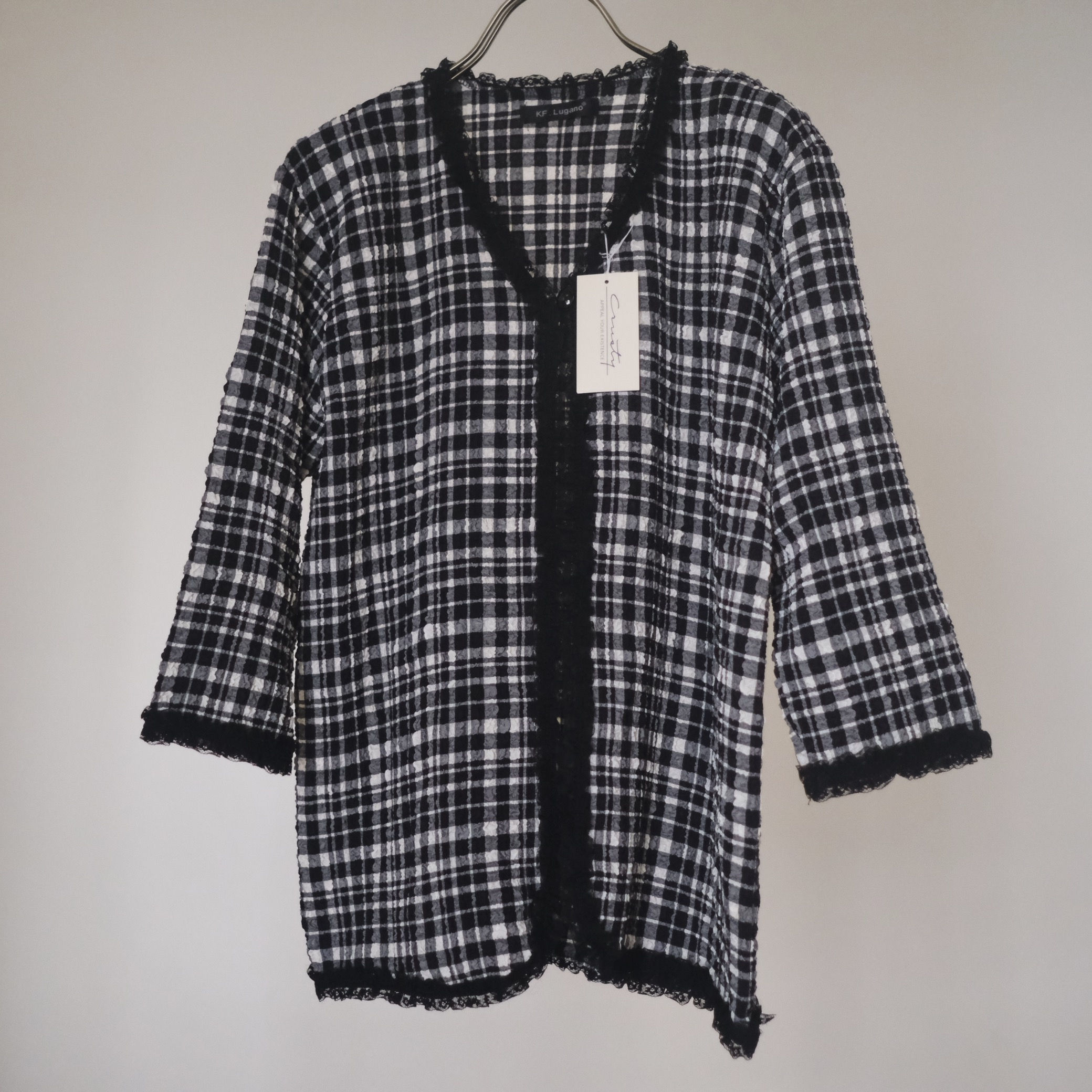 gingham blouse with black lace hemming