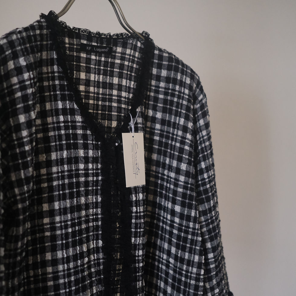 Thumbnail: gingham blouse with black lace hemming
