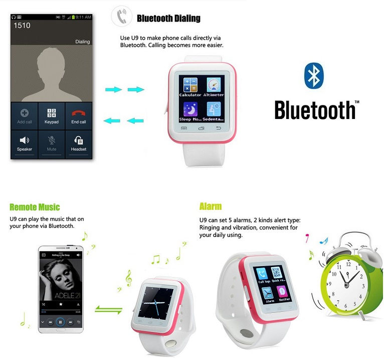 Thumbnail: U9 Bluetooth Smart Watch 1.44 Inch Touch Screen Pedometer Sleep Tracker (Pink)