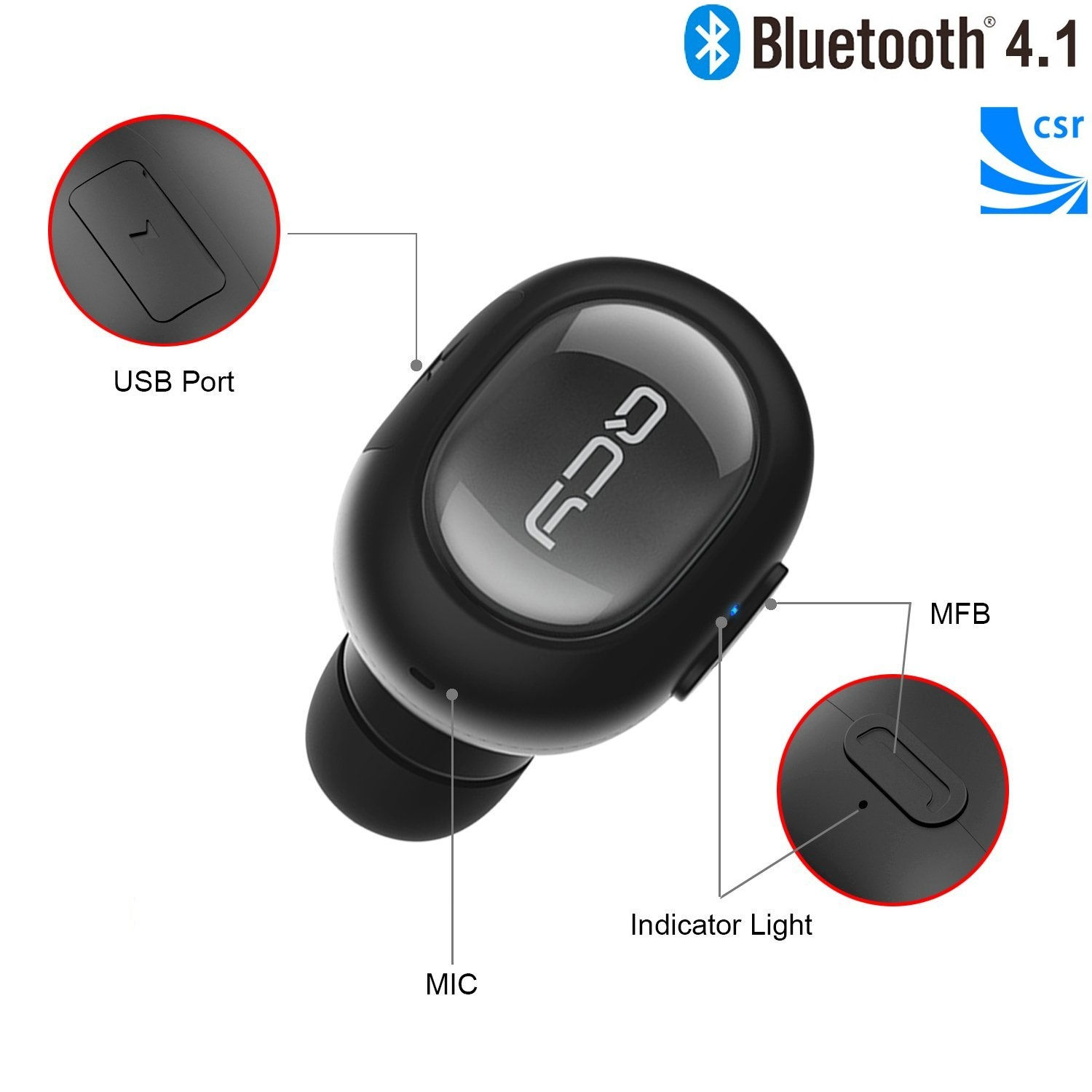 Bluetooth V4.1 In-Ear Earphone EQCY Q26 with Microphone Handsfree (Black)